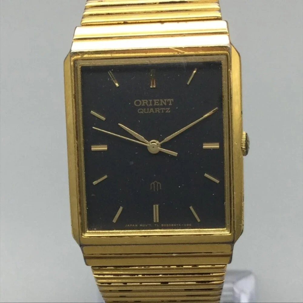 Vintage Orient Mens Watch 25mm Black Dial Gold Tone Japan Adj Band New Battery